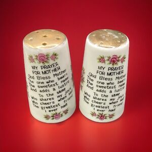 Vtg Porcelain Brinn's Prayer for Mother Salt & Pepper Shakers White Floral Gold